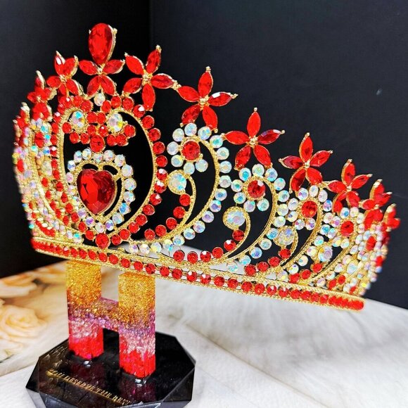 Crystal heart tiara, Gold tiara, Red stone tiara, Bridal tiara, Birthday crown